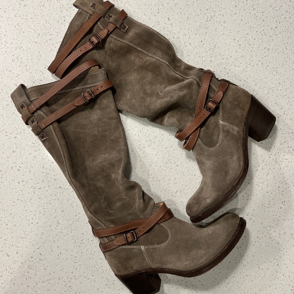 Frye Jane Strappy
Fatigue Suede Knee High Boots, size 7.5